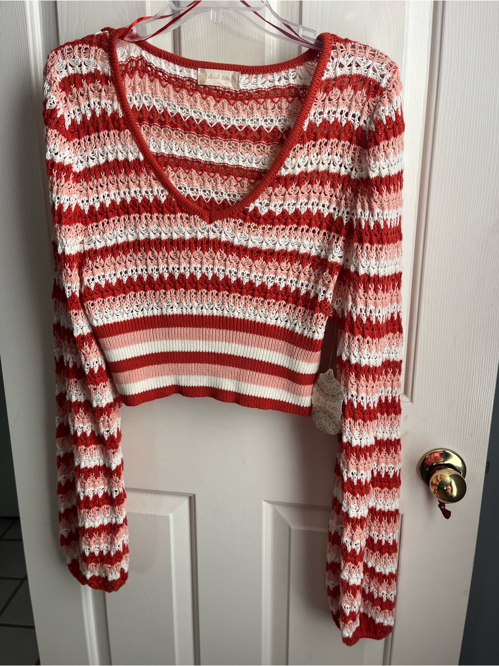 Altar'd State Red & White Striped Crochet V-Neck Crop Top
